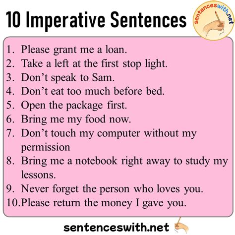 10 Imperative Sentences Examples English Examples Of Imperative Sentences Sentenceswithnet