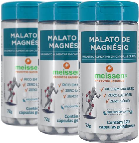 kit 3 X Malato de Magnésio 500MG Meissen 120 Cápsulas Cada Amazon br