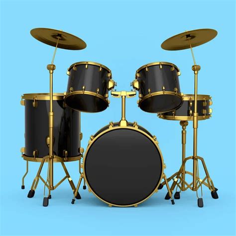 Set Of Realistic Drums With Metal Cymbals On Blue Background 3d Render