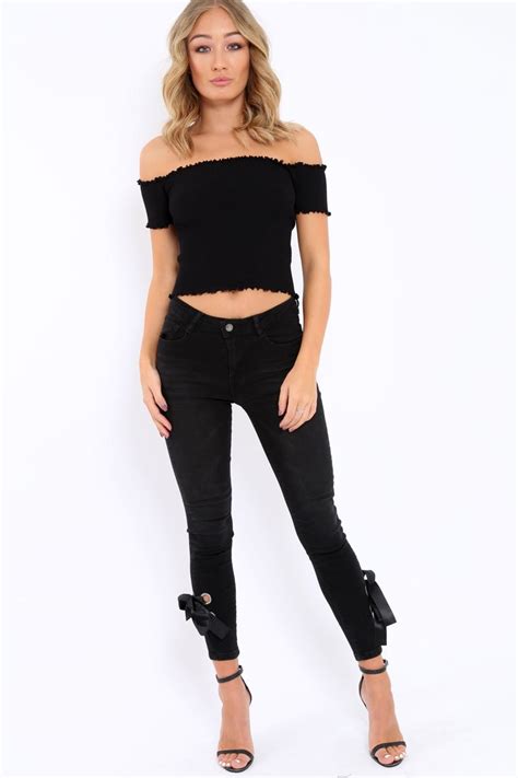 Black Ribbed Frill Hem Bardot Crop Top Adelle Rebellious Fashion