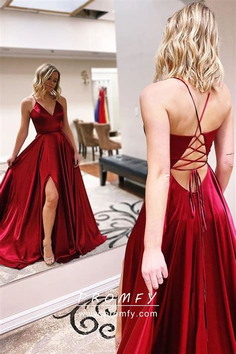 Sexy Low Back Spaghetti Straps Red Satin Prom Dress Promfy