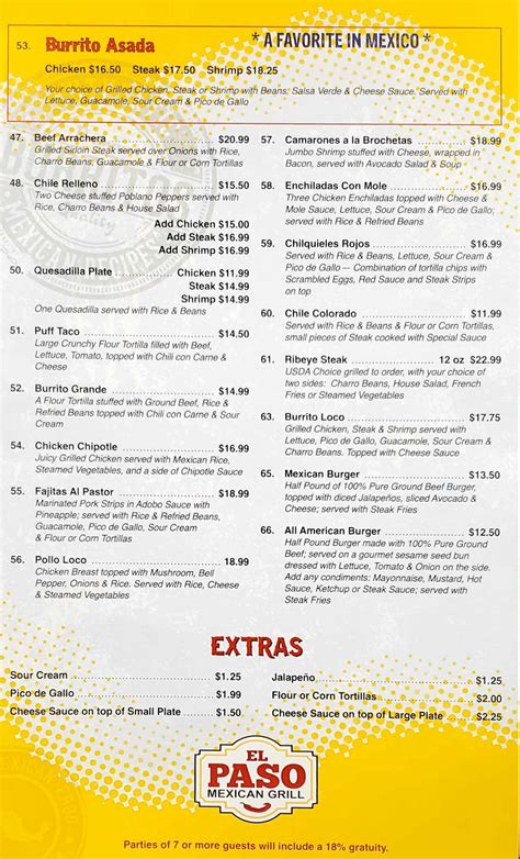 Menu El Paso Mexican Grill Pinhook Rd Lafayette La