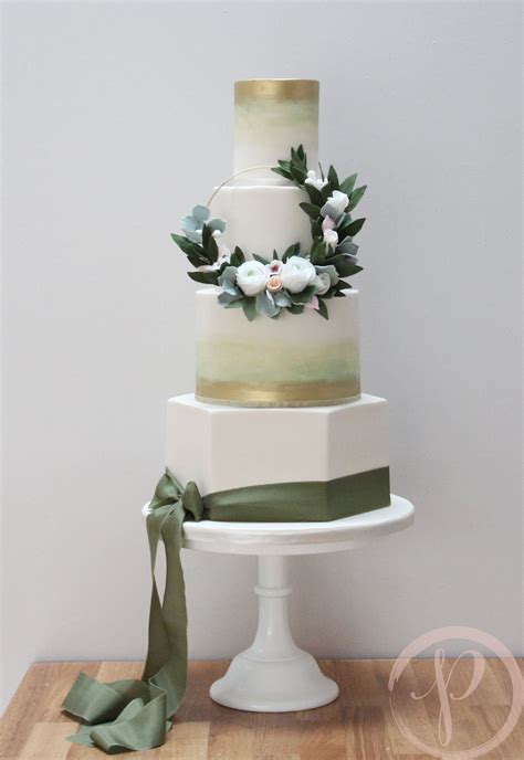 Hexagon Base Tier Sage Green Watercolour And Gold Tiers Sugar Flower