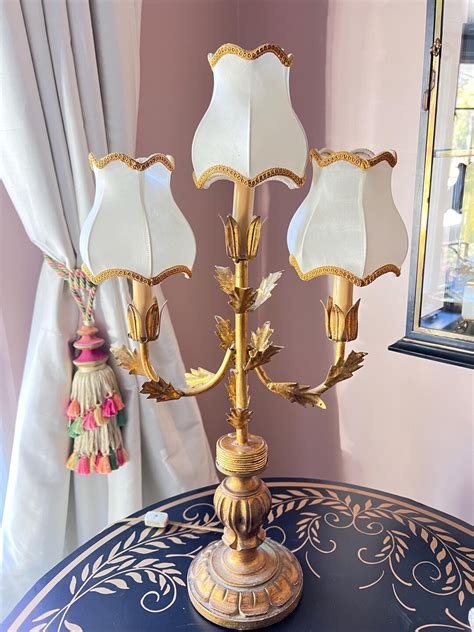 beautiful gilt tole  bulb table lamp  original silk shades