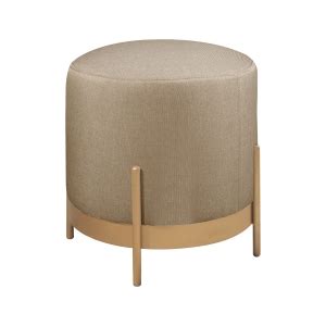 Puff Redondo Gar Em Linho E Base Metal Dourado Agarb Decor