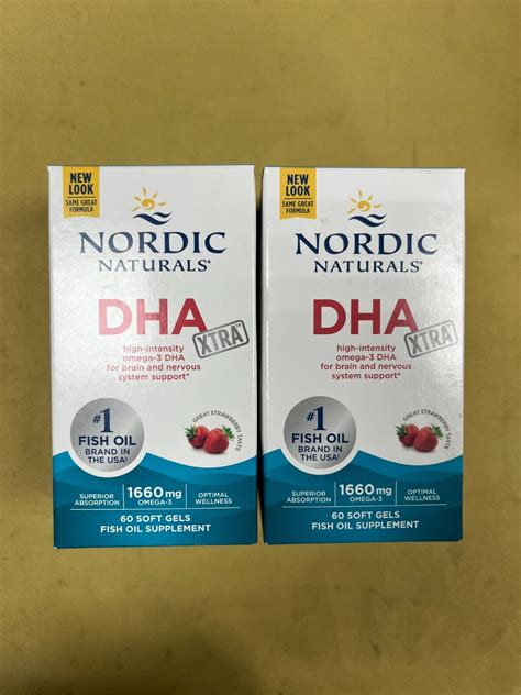 2 New Nordic Naturals DHA Xtra Strawberry Flavor 60 Soft Gels Each