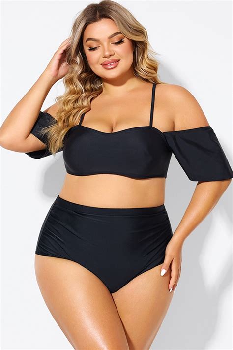 Black Lace Up Off The Shoulder Ruffle Bikini Top Meet Curve Meet Curve