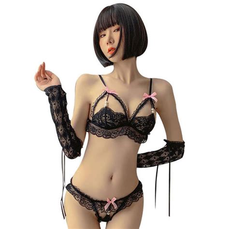 Sexy Pearl Bowknot Bra Panty Piece Set Mesh Cosplay Naughty Lace Maid Lingerie On Storenvy