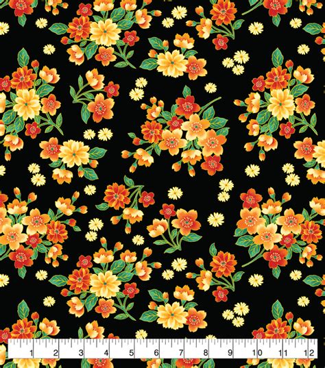 Premium Cotton Asian Inspired Fabric Floral Bunches Black Joann