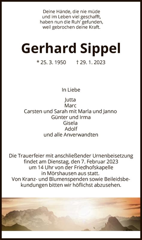 Traueranzeigen Von Gerhard Sippel Trauer Hna De