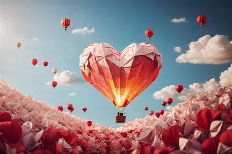 Illustration Of Love And Valentine DayOrigami Made Hot Air Balloon In A Heart Shape With Massage