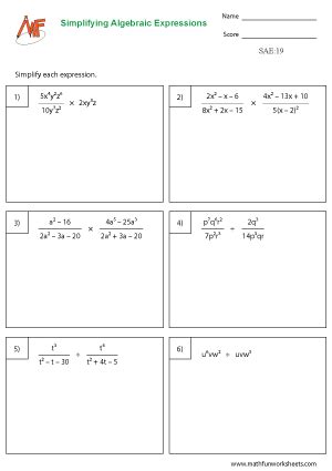 Simplifying Algebraic Expressions Math Fun Worksheets Worksheets