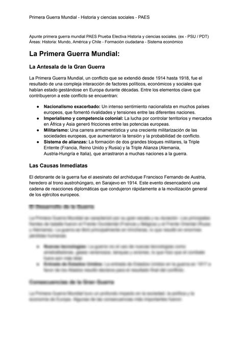 Solution Resumen La Primera Guerra Mundial Paes Ex Psu Historia Y Ciencias Sociales