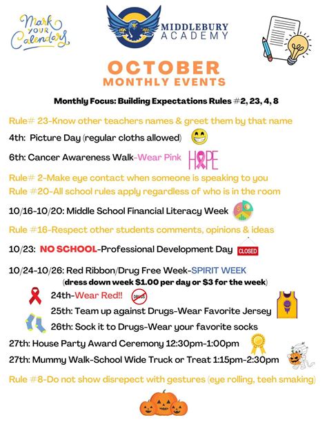 October Events Calendar — Middlebury Academy