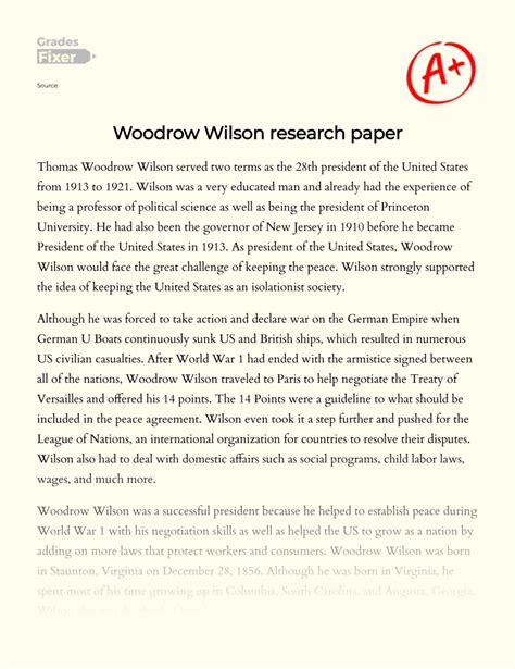 Woodrow Wilson Research Paper [essay Example] 2219 Words Gradesfixer