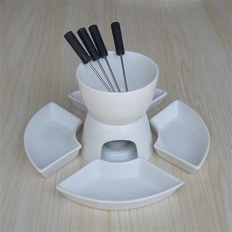 Ceramic Cheese Fondue Set With Bamboo Base,Cheese Set For 4 People ...