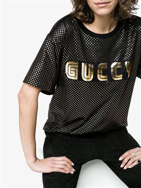 Gucci Cotton Gold Metallic Logo T Shirt In Black Lyst