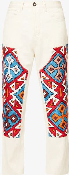 Karu Research Ens Ecru Red Blue Black Embroidered Panel Straight Leg