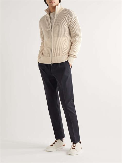 Ecru Ribbed Cashmere And Wool Blend Zip Up Cardigan Loro Piana Mr