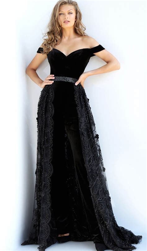 Jovani 58964 Off Shoulder Velvet Jumpsuit Overskirt Gown In 2020