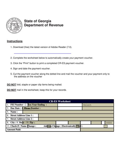 Fillable State Of Georgia Department Of Revenue Cr Es Worksheet