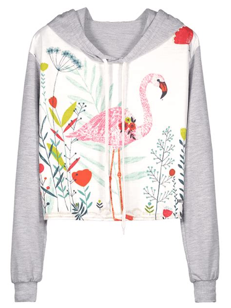 Floral Flamingo Graphic Cropped Pullover Hoodie Multi Crop Pullover Hoodie Flamingo Graphic