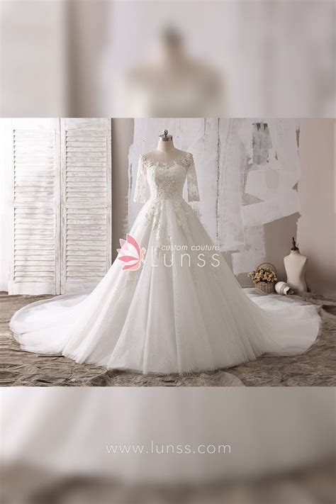 Classic Beaded Lace Cathedral Train Wedding Ball Gown