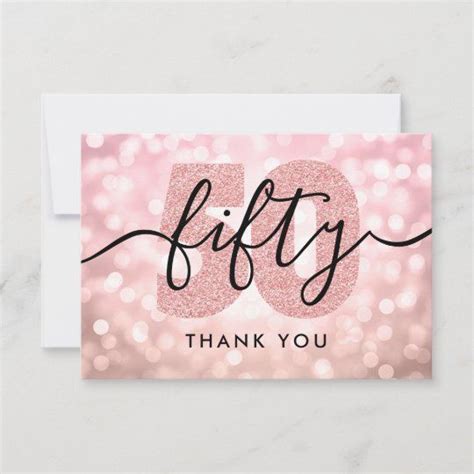 A Pink And Black 50th Birthday Thank Card With The Words Fifty On It In