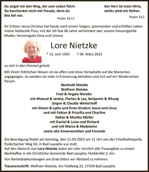 Traueranzeigen Von Lore Nietzke Vrm Trauer De