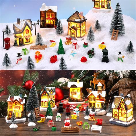 Amazon Barydat 60 Pcs Christmas Village Set Led Lighted Mini Xmas