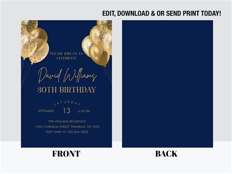 Editable Blue Gold Birthday Invitation Printable Birthday Etsy Uk