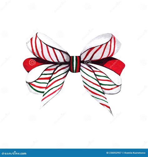 Watercolor Illustration With Striped Red And White Satin Silk Bow