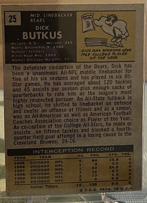 1971 Topps Football Dick Butkus Chicago Bears Card 25 EX MT HOF