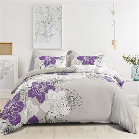 DJY 3 Pieces Duvet Cover Set Queen Purple Floral Pattern Comforter