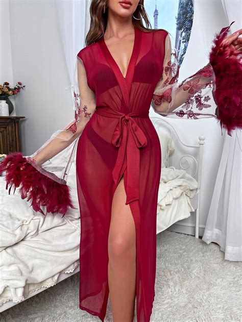 Butterfly Floral Embroidered Contrast Feather Belted Mesh Robe Without Lingerie For Sale