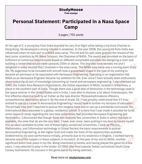 Personal Statement Participated In A Nasa Space Camp Free Essay Example