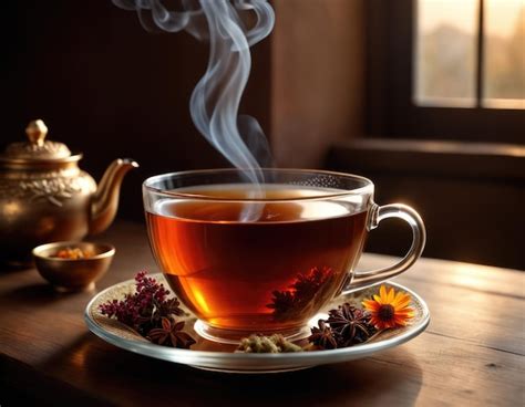 Hot Steamy Transparent Cup Of Tea With Anise Calendula And Sage Salvia Herbs And Metallic Teapot