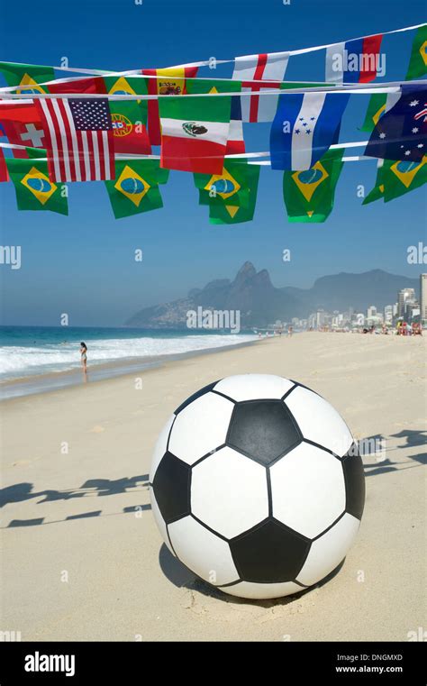 Soccer Ball Football On The Beach In Rio De Janeiro Under International