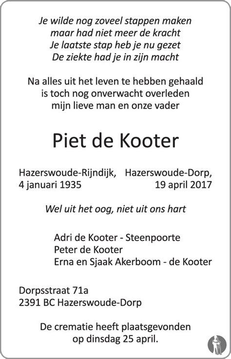 Piet De Kooter Overlijdensbericht En Condoleances