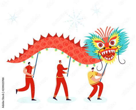 Chinese Lunar New Year People holding Dragon, wearing china traditional ...