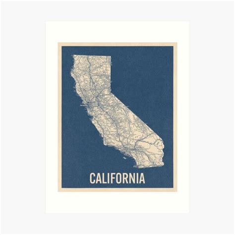 "Vintage California Road Map, Blue on Beige #2" Art Print for Sale by ...