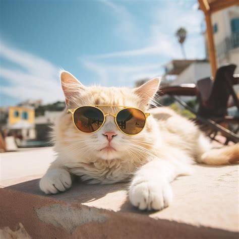 Premium Photo A Cat With Fashion Sunglasses Is Lying On The Roof