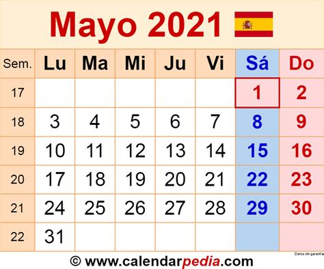 Calendario Mayo 2021 En Word Excel Y Pdf Calendarpedia