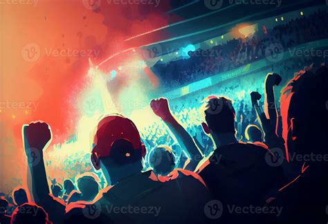 Back View Of Football Soccer Fans Cheering Their Team Stadium At