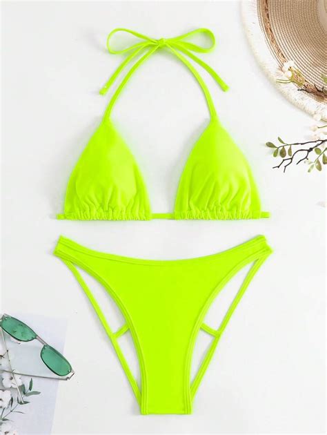 Conjunto De Bikini De Playa De Verano Con Tri Ngulo De Cuello Halter Liso Moda De Mujer