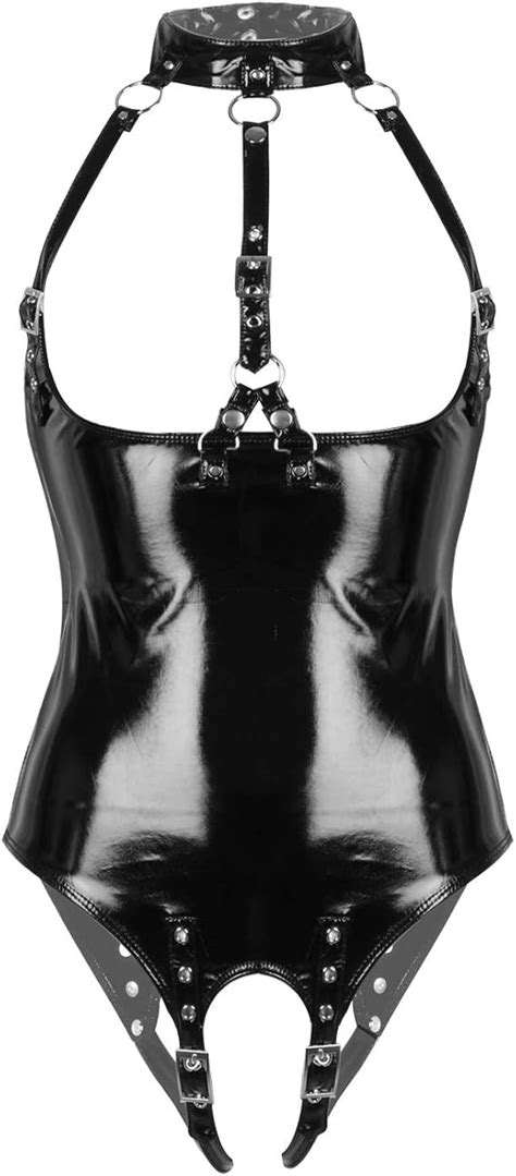 Freebily Damen Wetlook Ouvert Body Brustfrei Bodysuit Lack Leder