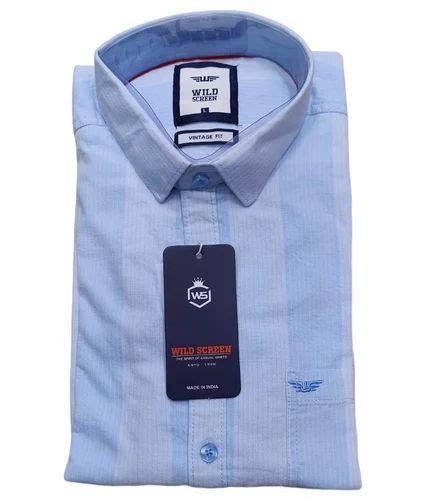 Vertical Stripes Cotton Men Light Blue Shirt Full Sleeves Formal At