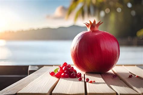 Premium Ai Image Pomegranate On A Table With A Palm Tree In The