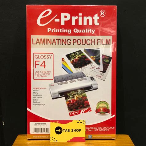 Jual TAB SHOP EPRINT LAMINATING POUCH F4 100 MIC 100 SHEETS E PRINT