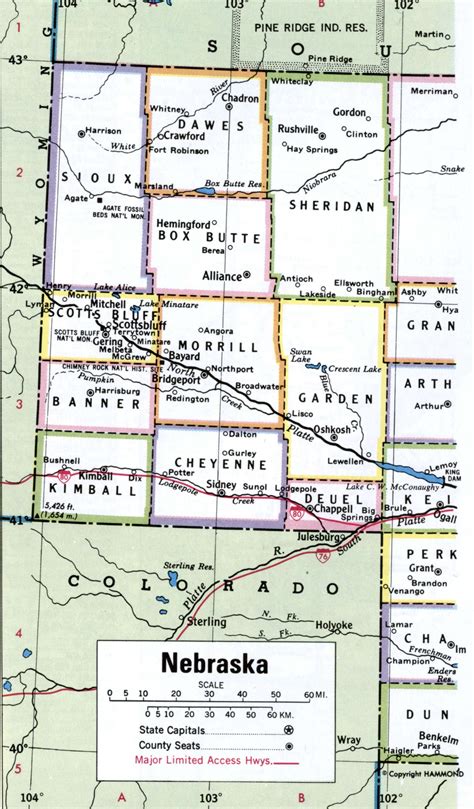 Free map of Nebraska showing counties with names and cities, road highways